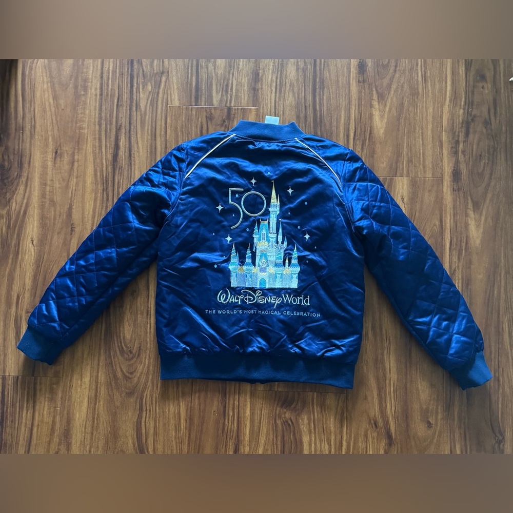 Walt Disney World 50th Anniversary Celebration Castle Satin Bomber Jacket M. EUC - Picture 2 of 11